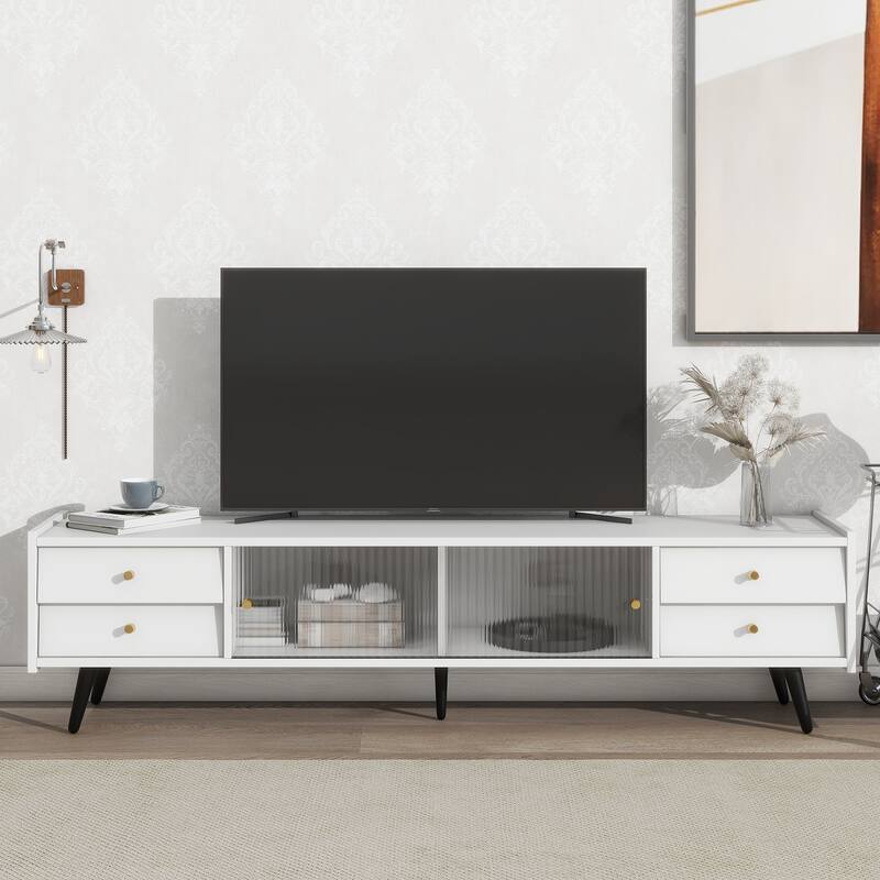 Contemporary TV Stand with Sliding Fluted Glass Doors, Slanted Drawers